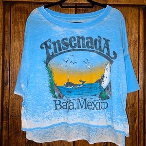 Chaser LA Brand Ensenada Baja Mexico 3/4 Sleeve Burnout Tee in Blue Size Small